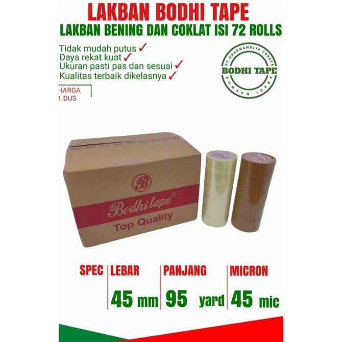 

LAKBAN BENING/COKLAT BODHI TAPE UKURAN 45MM X 95YARD 1 DUS GOJEK/GRAB