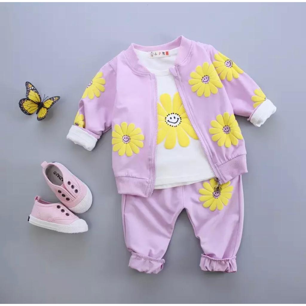 SETELAN ANAK PEREMPUAN SETELAN 3 IN 1 JAKET KAOS JOGGER ANAK MOTIF SUN FLOWER BAJU ANAK PEREMPUAN