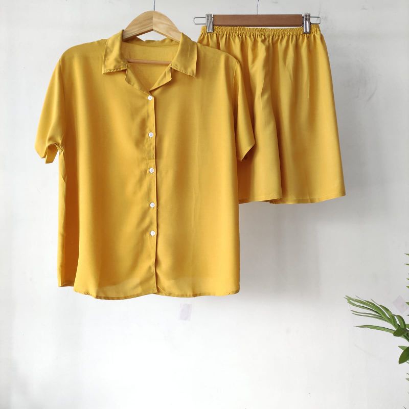 PIYAMA KANCING PENDEK | PIYAMA RAYON | BAJU TIDUR RAYON-KCB KUNING