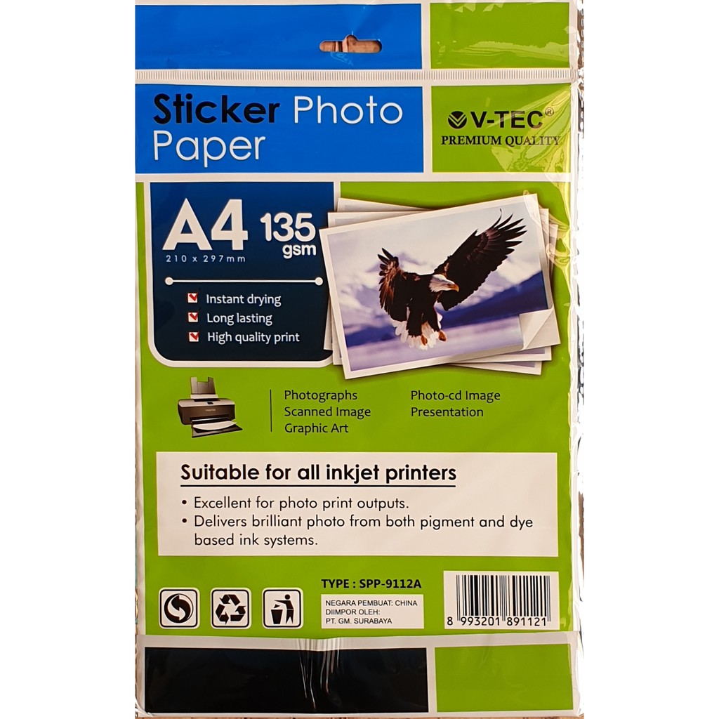 V-Tec Glossy Sticker A4 135 Gsm Photopaper - V-Tec Glossy Sticker A4 100 Gsm Photopaper - Kertas Sticker - Kertas Foto