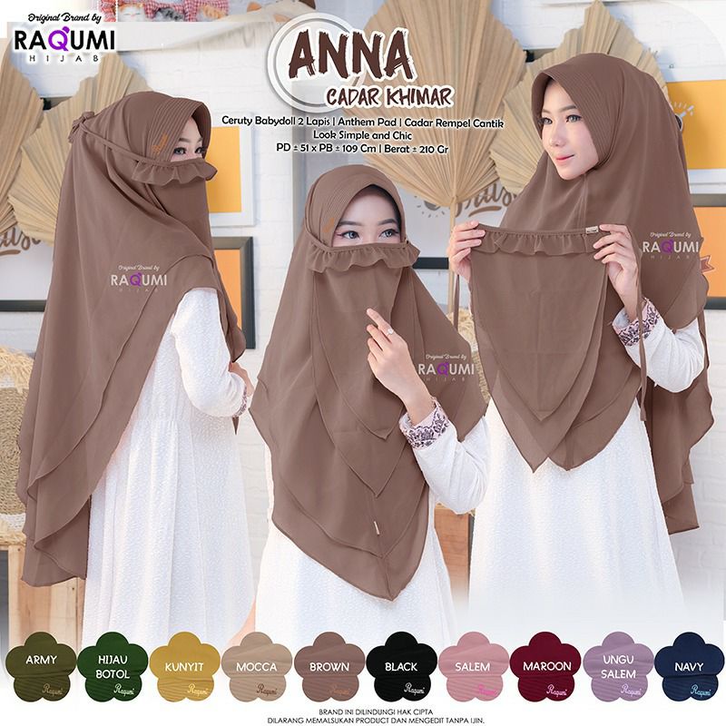 Anna Cadar Masker ORI Raqumi Hijab Bahan Ceruty Babydoll 2 Lapis Free Cadar Rempel Super Cantik Look