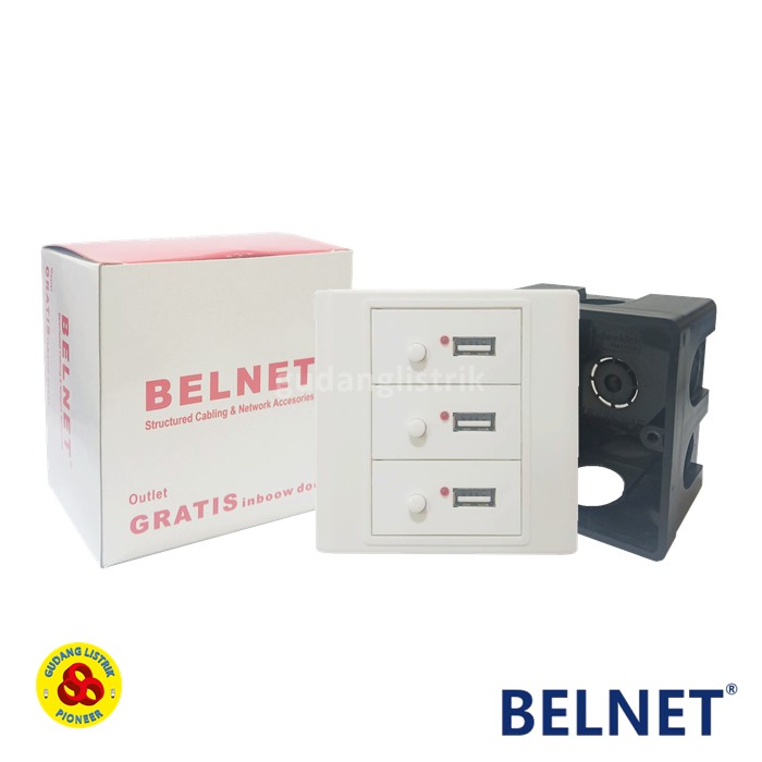 Belnet Stop Kontak USB Charger 3 Ports w/ on off Switch Indicator Neon