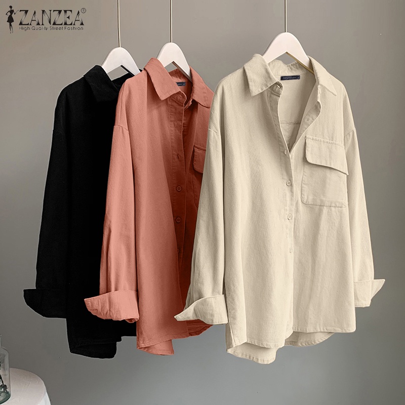 ZANZEA Women Turn-down Collar Long Sleeve Shirts Loose Casual Corduroy Blouse