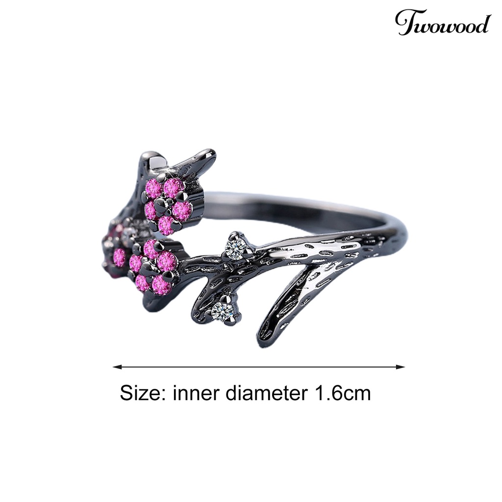 Twowood Adjustable Ring Open End Copper Blooming Plum Flower Rhinestone Ring for Daily Wear