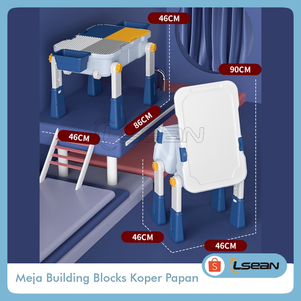 SET MEJA MAKAN BELAJAR BERMAIN ANAK BUILDING BLOCKS + WHITEBOARD