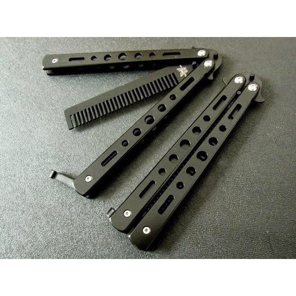 Sisir Pomade Lipat Pisau Butterfly Rockabilly Knife Comb Benchmade Balisong Warna Hitam Black Silver