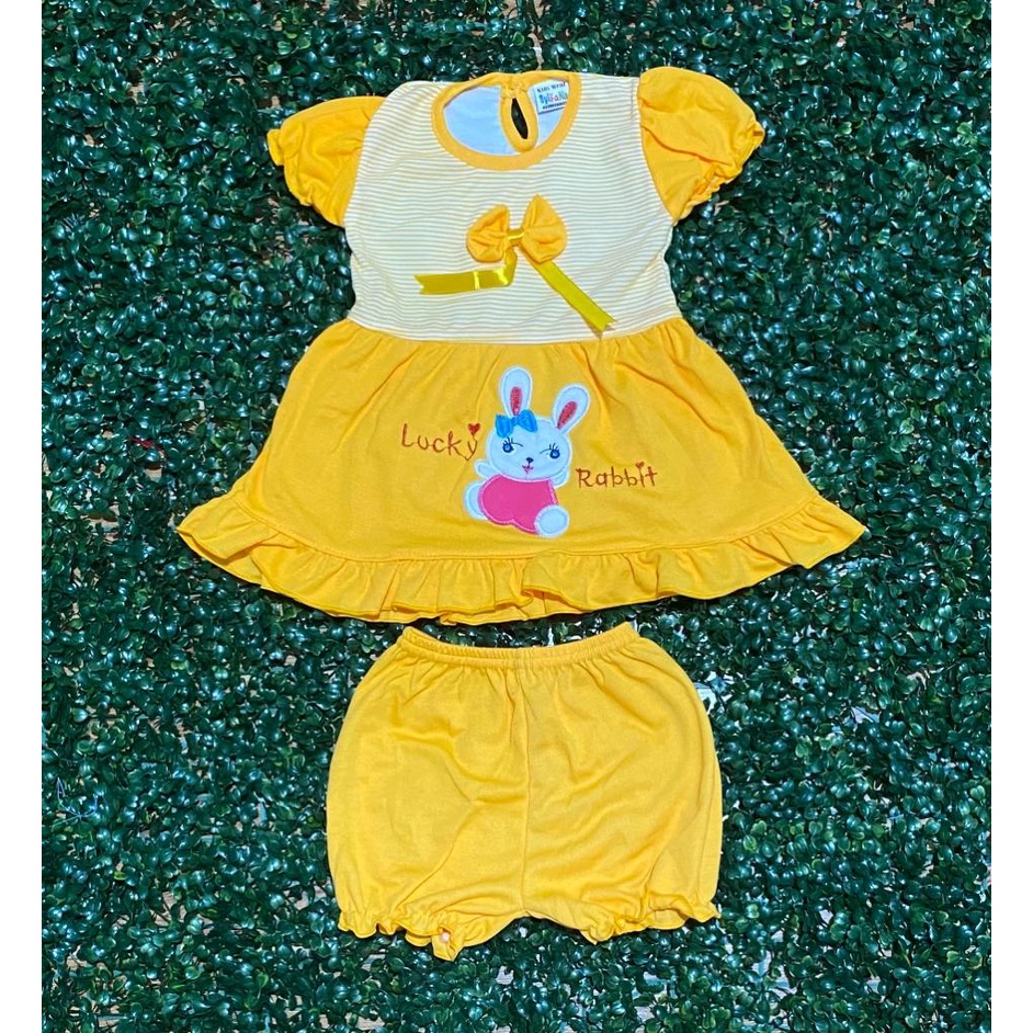 baju bayi dress motif luky bit setelan 3-8bulan