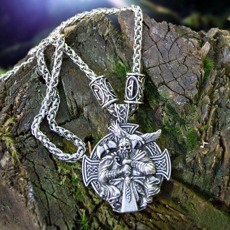 Kalung Liontin Jimat Odin Warrior Gaya Nordic Viking Untuk Pria