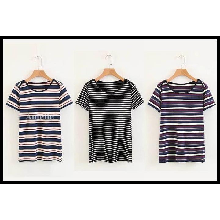 BAJU ATASAN KAOS GARIS BLOUSE WANITA KOREA IMPORT AB646811 HITAM PUTIH