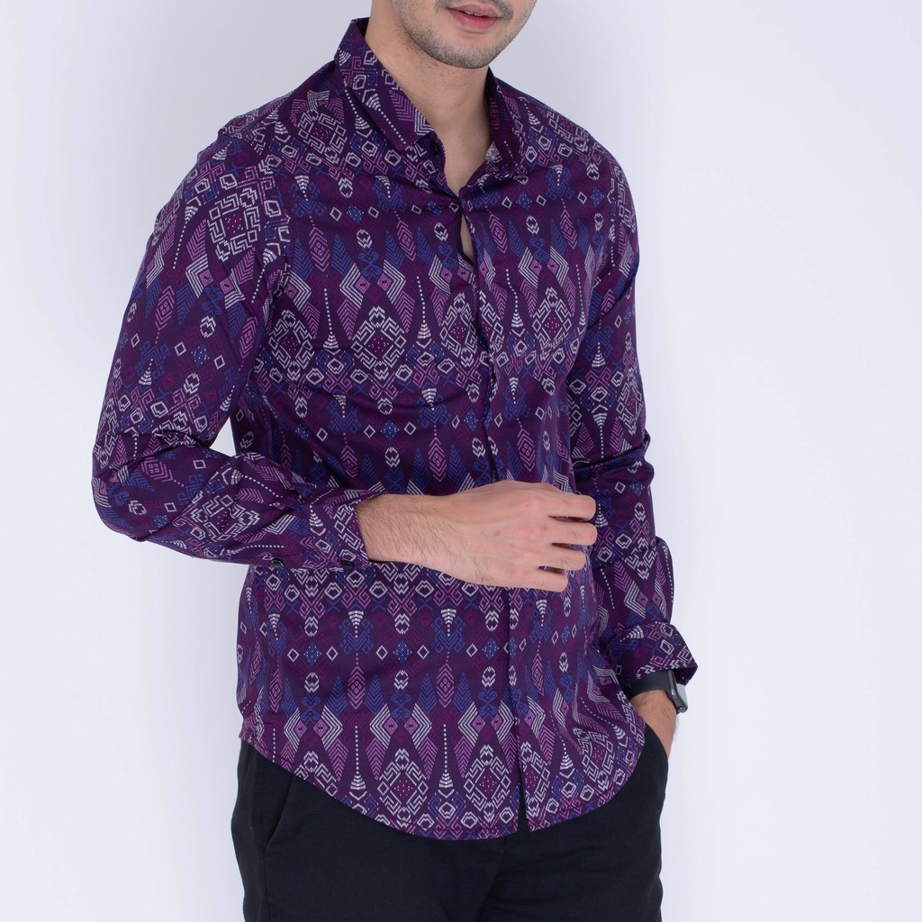 618 & 618A Kemeja Batik Pria Lengan Panjang Dan Pendek Ungu Motif Torpedo Distro Grosir