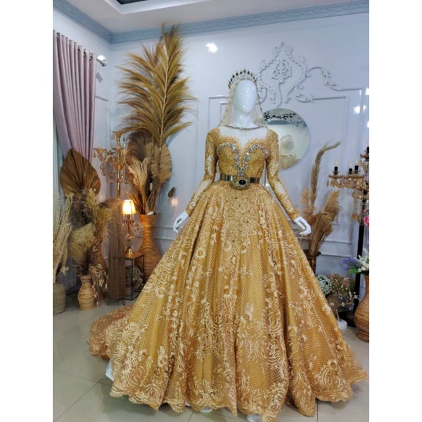 gaun pengantin gold mewah premium
