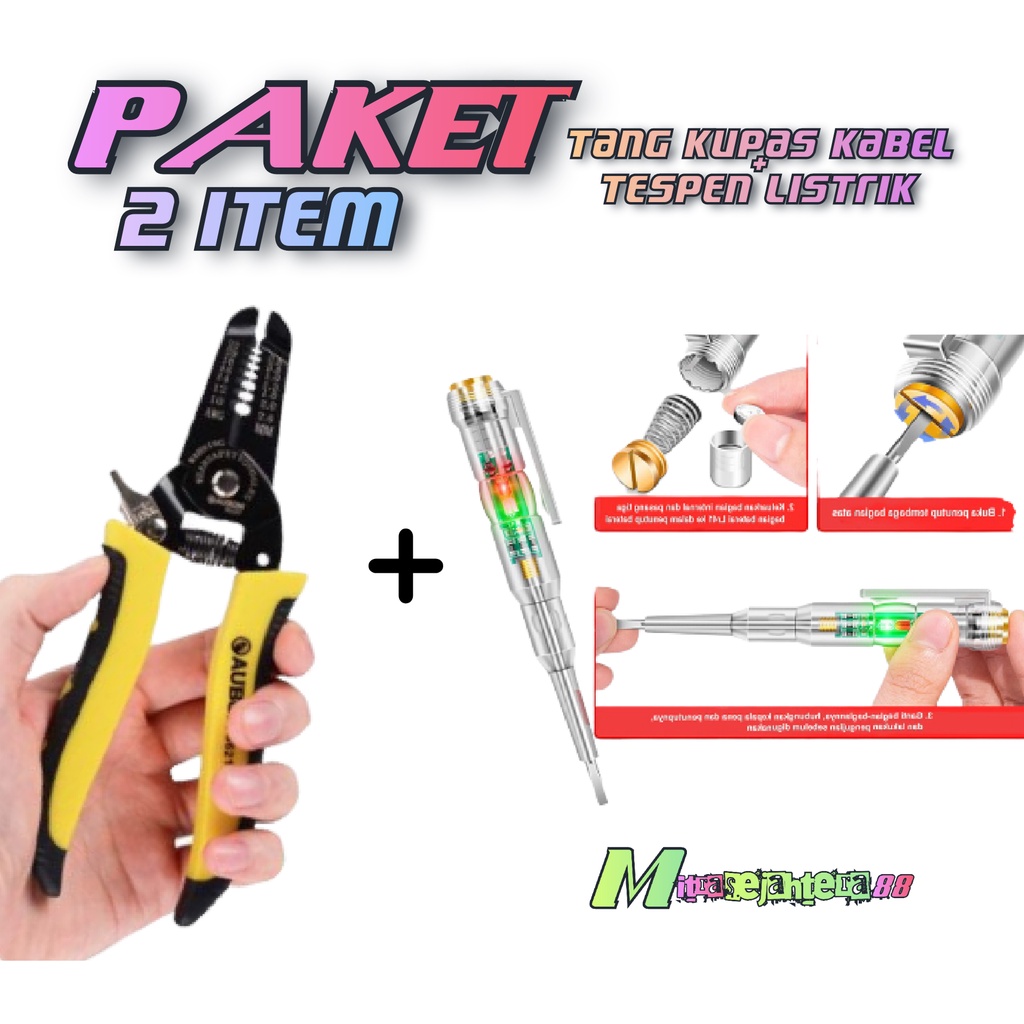 PAKET TANG KUPAS KABEL / GUNTING KUPAS KABEL + TESPEN LISTRIK / Tester tegangan Listrik - Obeng Tesp