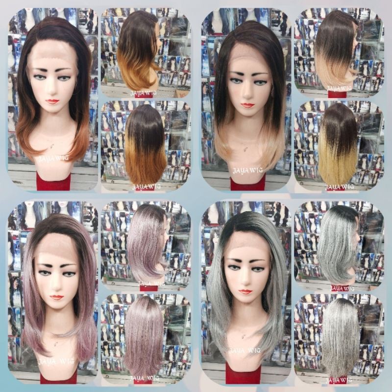 Wig Lurus Panjang 45Cm Warna Ombre Rambut Palsu Wanita Model Lace Wig Sebahu