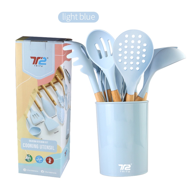 TRITU Utensil Set Sutil 12 Pcs Silikon Peralatan Memasak Spatula Silicone Warna Light Blue
