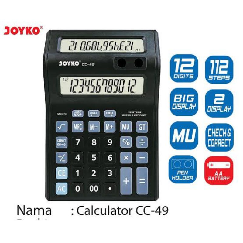 

KALKULATOR JOYKO CC-49 / CC8CO / ALAT HITUNG DIGITAL 2 DISPLAY 12 DIGIT JOYKO