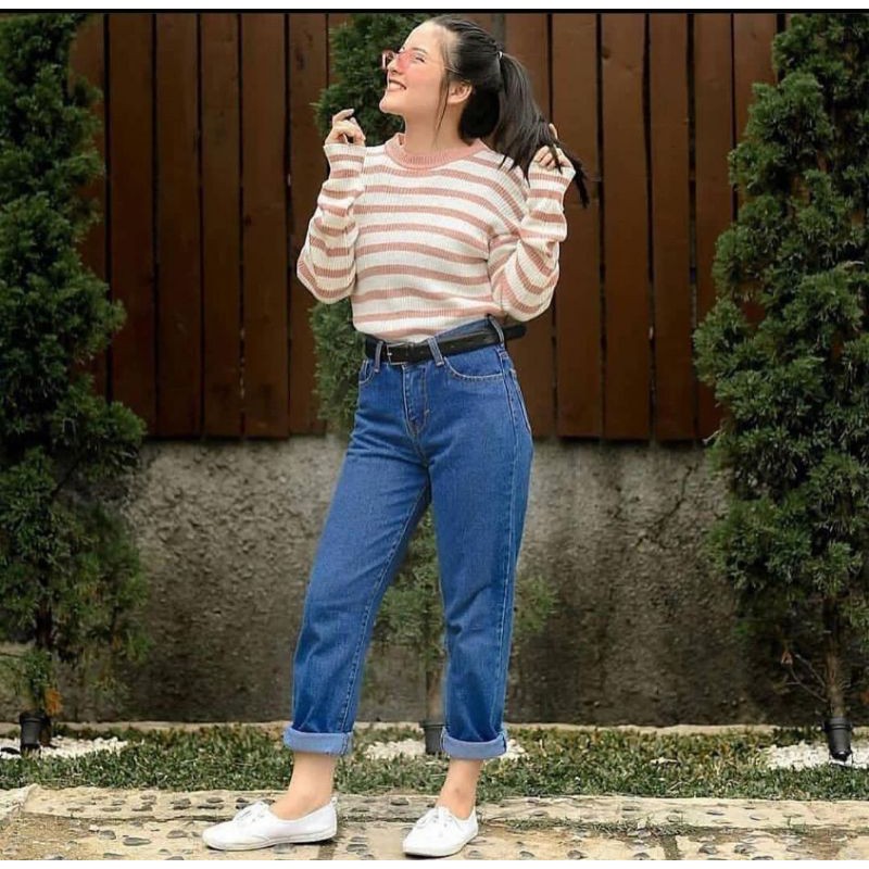 CUTELY Celana  Boyfriend  Jeans Wanita Basic Boyfriend  