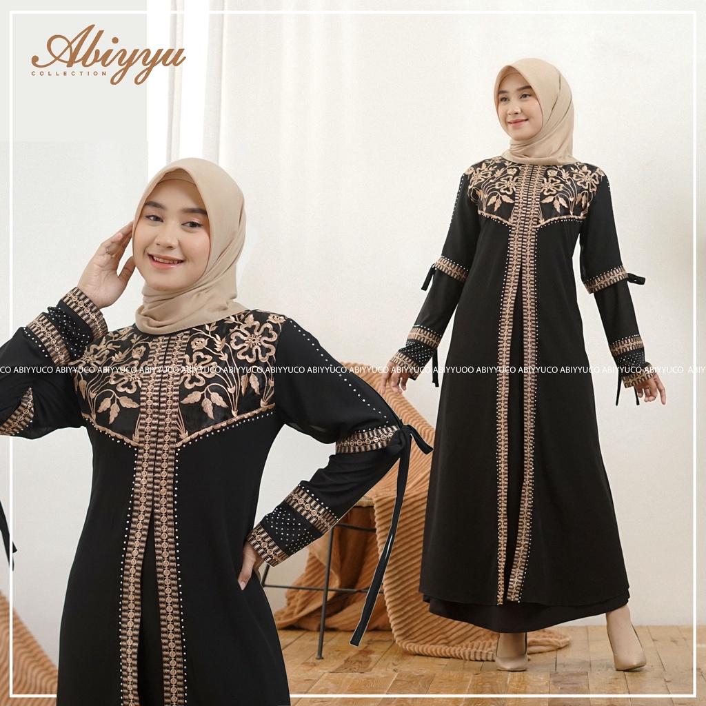 Abiyyuco GL1083 | abaya turki hitam terbaru mewah turkiy 2022 terbaru turkey hitam busui, bahan jersey dan ceruty, ready size M, L, XL, XXL. Apikasi bordir renda (bordir tempel) dan mote swarovsky (mote tempel/press)