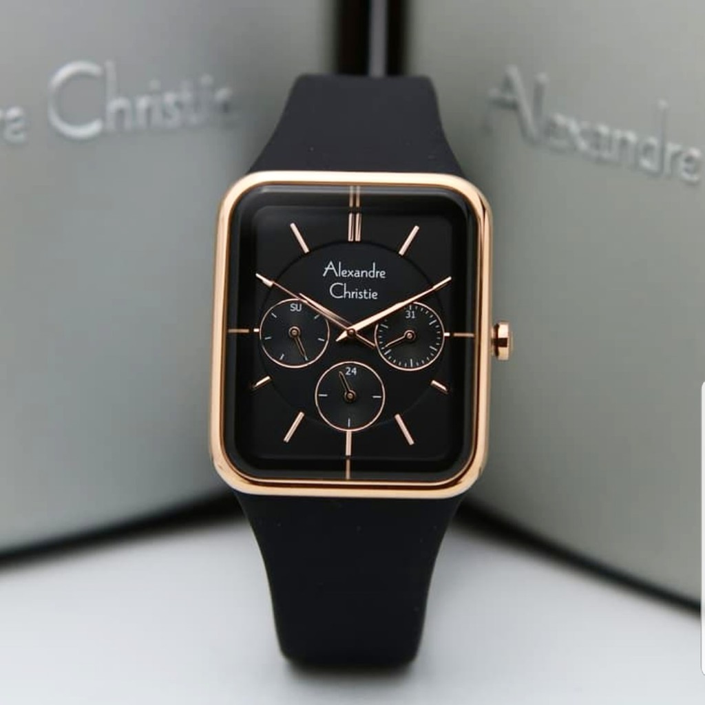 Alexandre Christie AC2744 Original Jam Tangan Wanita Tali Karet hitam rose gold