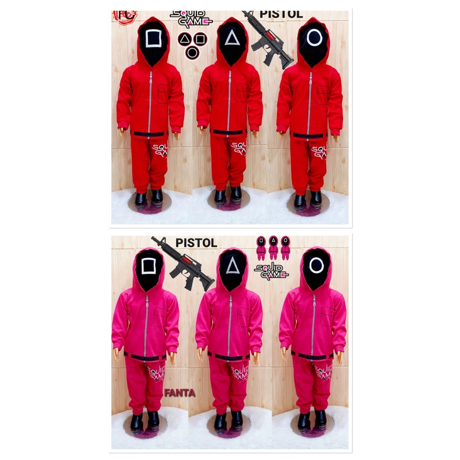 KOSTUM BAJU ANAK SQUID GAME GRATIS TOPENG DAN PISTOL TERBARU TERLARIS / SETELAN ANAK SQUID GAME BISA