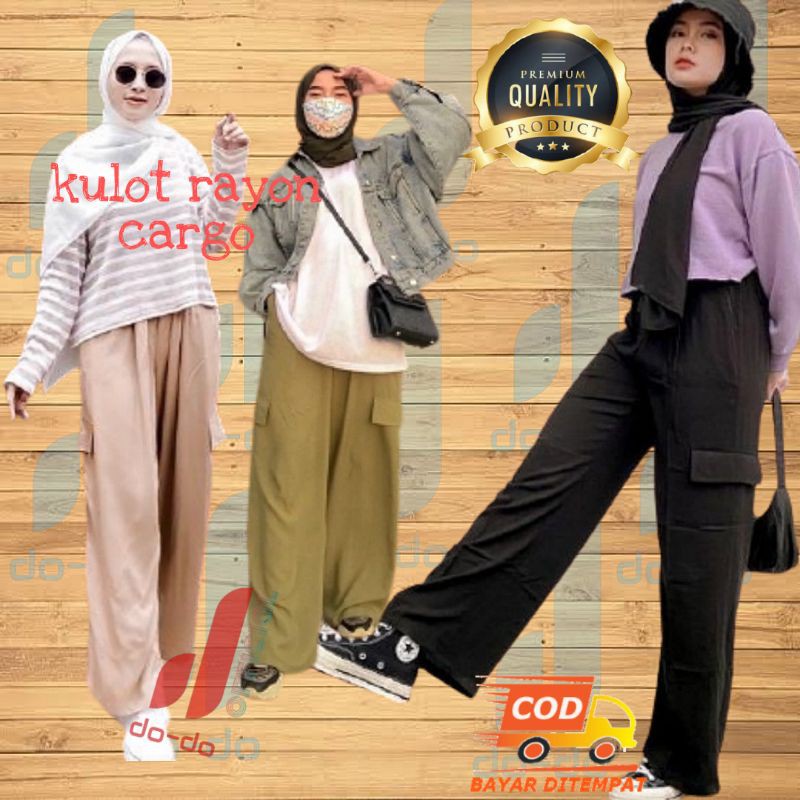 KULOT RAYON CARGO PANTS WANITA LYORA LOOSE NON KANCING MURAH KAIN PREMIUM JATUH
