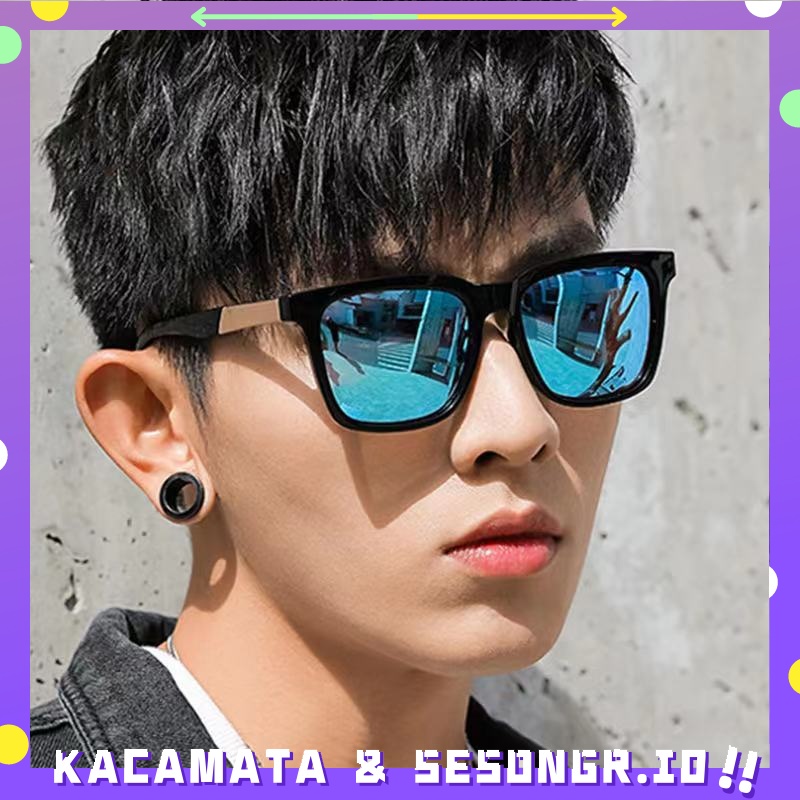 COD Kacamata Hitam Pria Wanita Mengemudi Kacamata Retro Korea Fashion Lensa Merkuri Sunglasses Gaya hitam