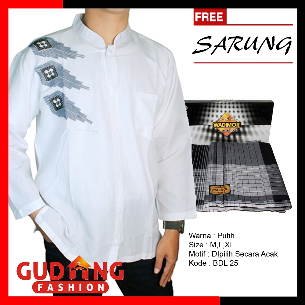 GIOFLO Baju Koko Panjang Pria Muslim Bordir Plus Free Sarung / BDL 01