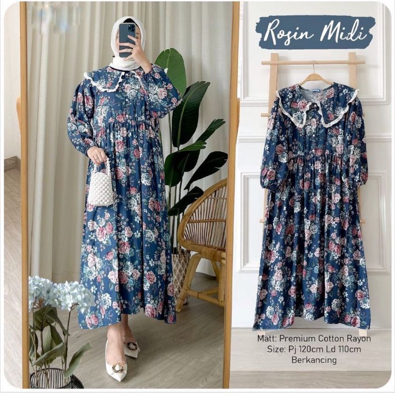 TERMURAH MIDIDRESS ROSIN MIDI // MOTIF BUNGA CANTIK TERLARIS