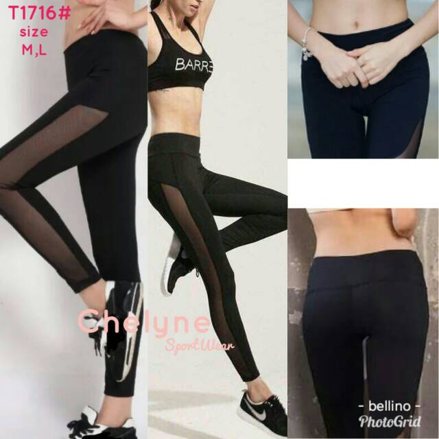 Celana Sport Panjang Tile Samping / Celana Legging Olahraga Jaring Samping Transparan Size M L T1716