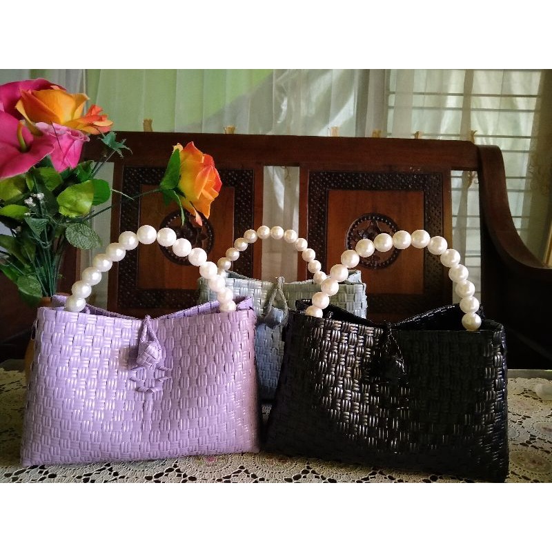 Tas Anyam Jali handle mutiara/tas anyam jali/tas wanita/woven bag/jali premium