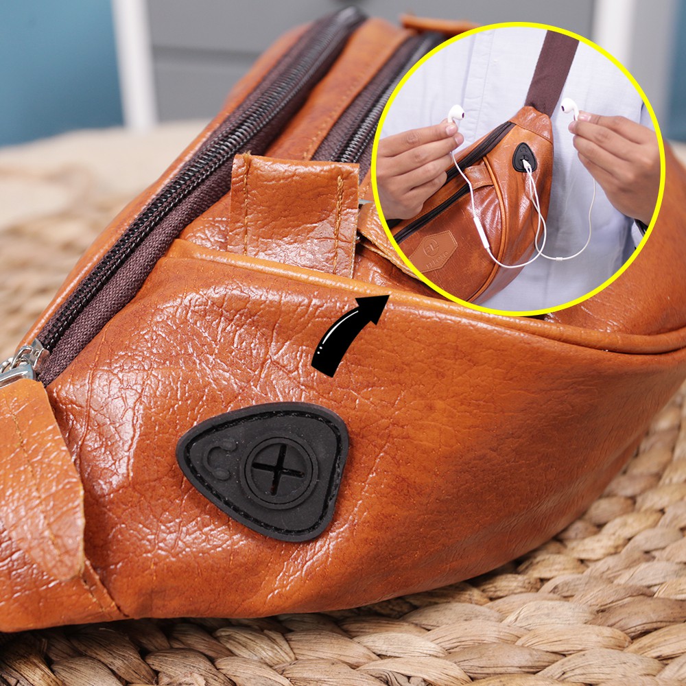 TAS SELEMPANG PRIA WAISTBAG COWOK KEREN CASUAL ADA LUBANG HEADSET BAHAN PU LEATHER PREMIUM EWL03