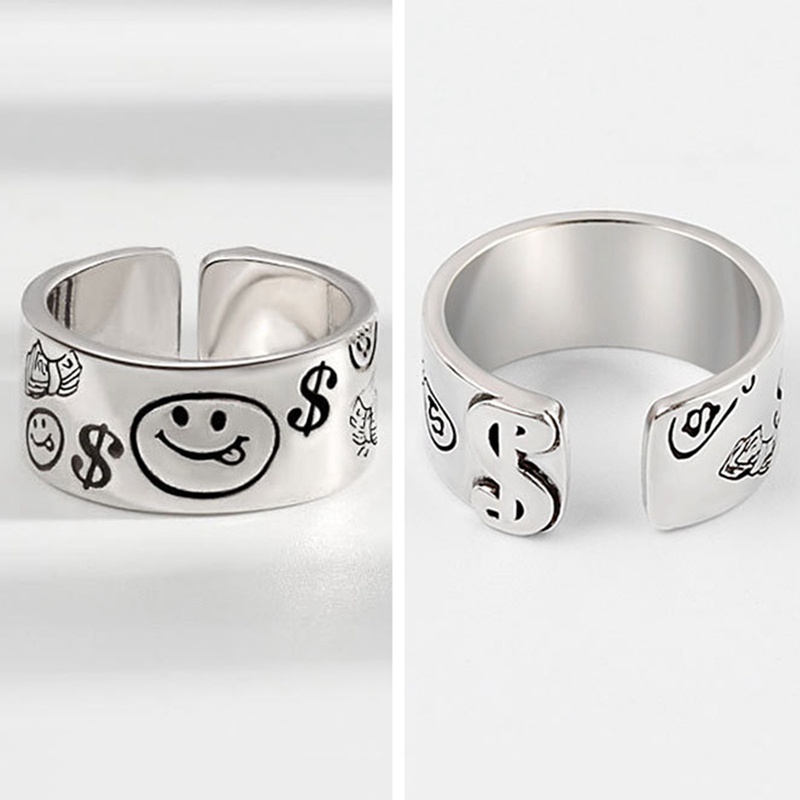 Perhiasan Cincin Sterling Silver 925 Wanita Adjustable Desain Bintang Smiley Face Vintage