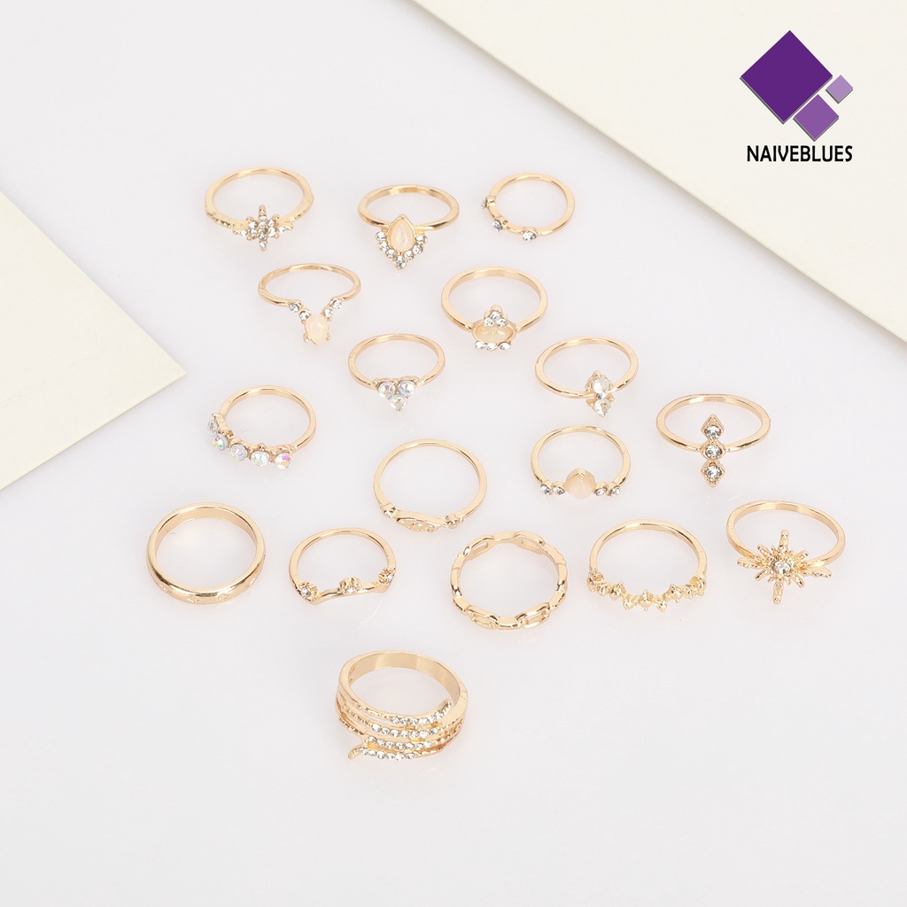 17pcs / Set Cincin Jari Permata Berlian Imitasi Gaya Bohemian Untuk Wanita