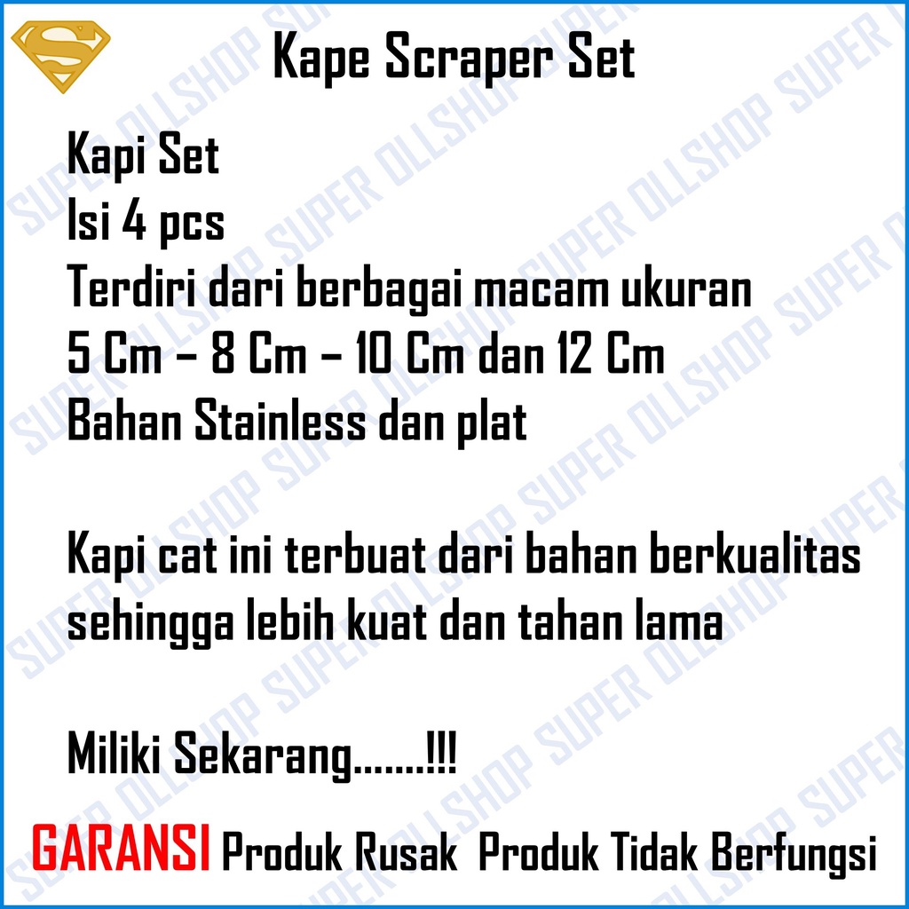 Kape Scraper Skrap Kapi Cat Alat Dempul Set Stainless Steel Lentur Berkualitas 4 Pcs Murah