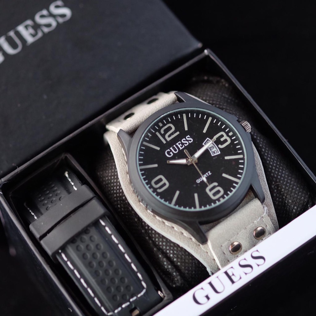 Jam Tangan Pria Guess Tanggal Tali Kulit Full Set