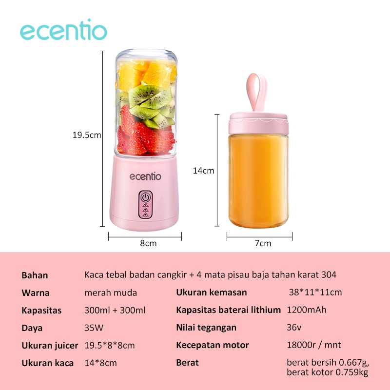 ecentio Blender 2 cangkir Mini 8 Mata/4 Mata Pisau Kaca Juice Blender USB Portable Cup Glass Botol Blender 300ml +300ml/ 380ml +380ml