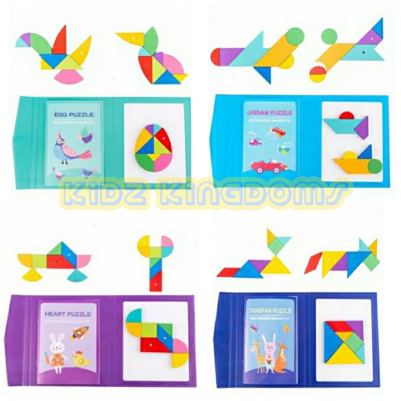 Mainan Edukasi Anak Brain Game Magnetic Puzzle Tangram Wooden Block - Magnetic Tangram Jigsaw puzzle