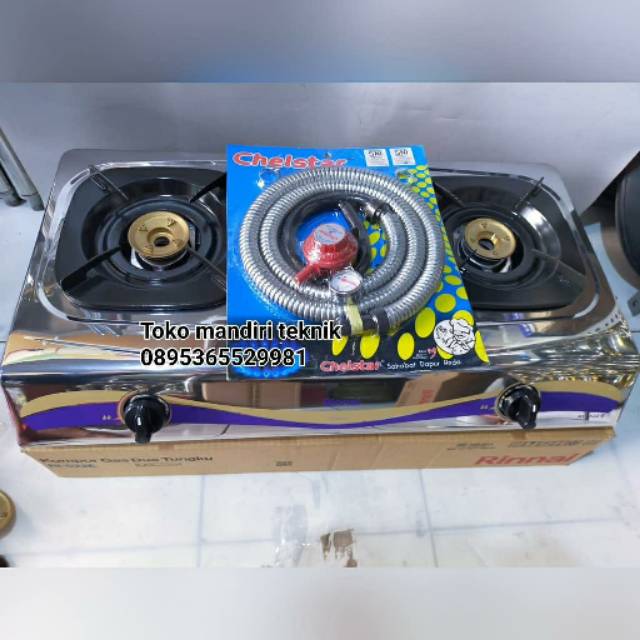 Paket hemat kompor gas LPG 2tungku merk Rinnai tipe 522E siap pakai
