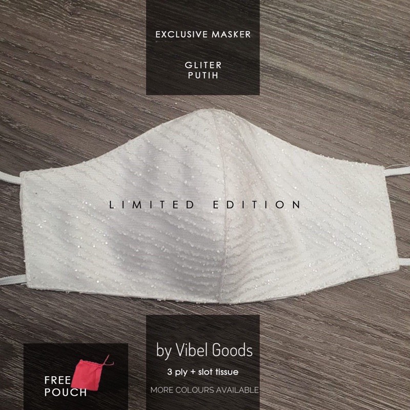 Masker Kain Brokat Premium Pesta 3ply | Satin Glitter Putih Pengantin