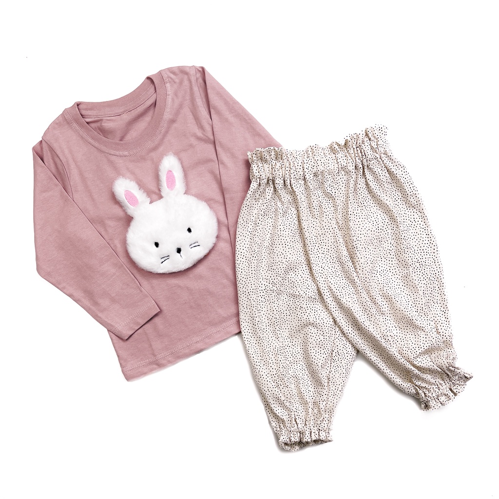 USAGI - Setelan Anak Kaos Lengan Panjang Pink Cream Bunny KADO ULANG TAHUN BAYI MURAH