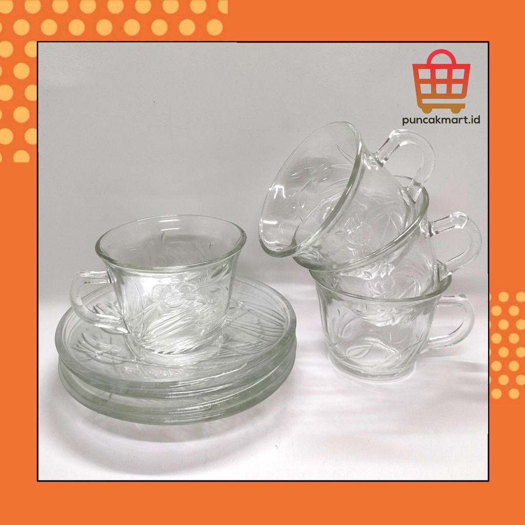 Cangkir Kaca Set 8 Pcs / Gelas Cangkir Teh Kopi Set 8 Pcs (4pcs Cangkir + 4pcs Piring Tatakan) Motif