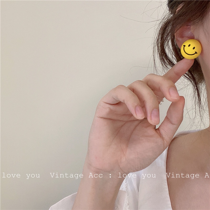 Anting Stud Geometris Desain Smiley Warna Macaron Gaya Korea Untuk Wanita