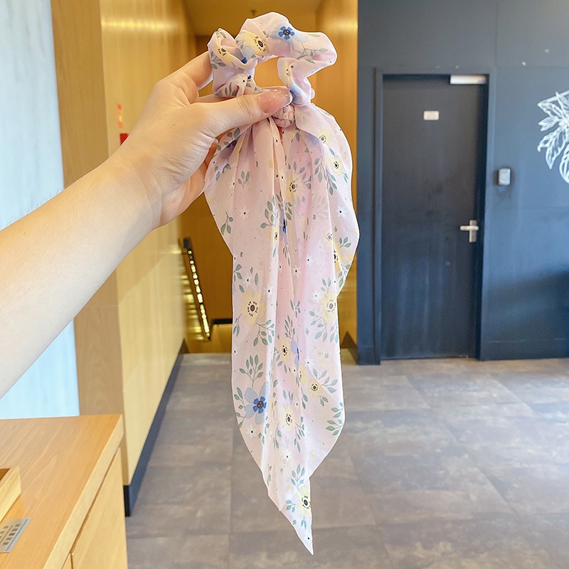 Ikat Rambut Karet Scrunchie Panjang untuk Wanita Korea Motif Bunga Bahan Halus Dalika