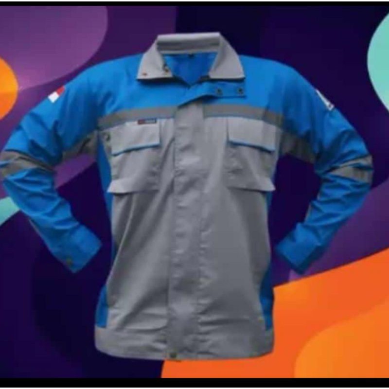 BAJU SERAGAM SAFETY SEMI JAKET FREE LOGO K3 BENDERA KAIN DRILL BIRU ABU