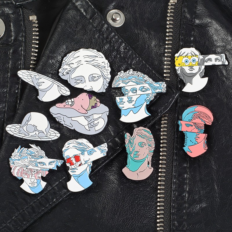 Amazing Art Enamel Pins Split Head Sculpture Custom Brooches Cartoon Sponge Patrick Bag Clothes Lapel Pin Cartoon Jewelry