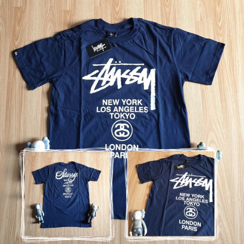 Kaos Stussy New York London Paris Navy Premium Branded T-shirt