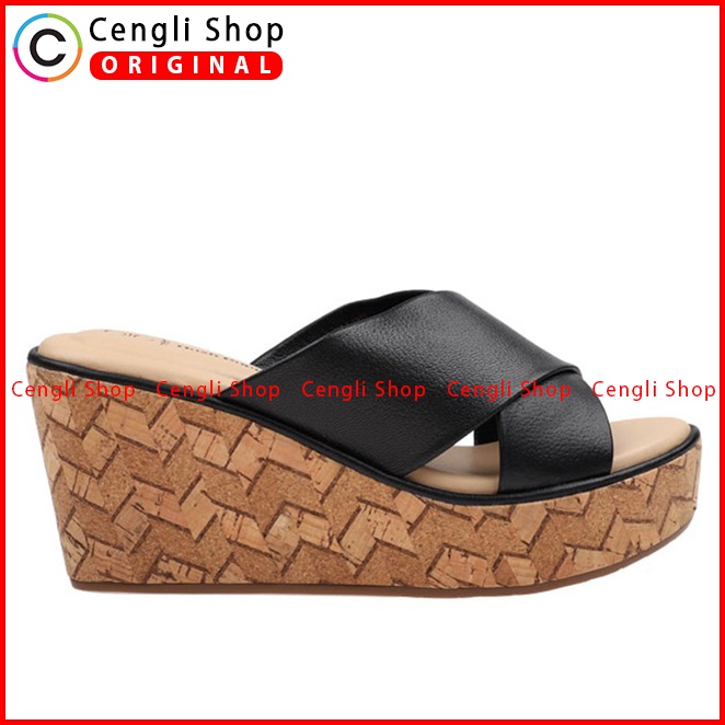 SANDAL WEDGES KULIT HUSH PUPPIES WANITA ORIGINAL TERBARU HITAM HW13