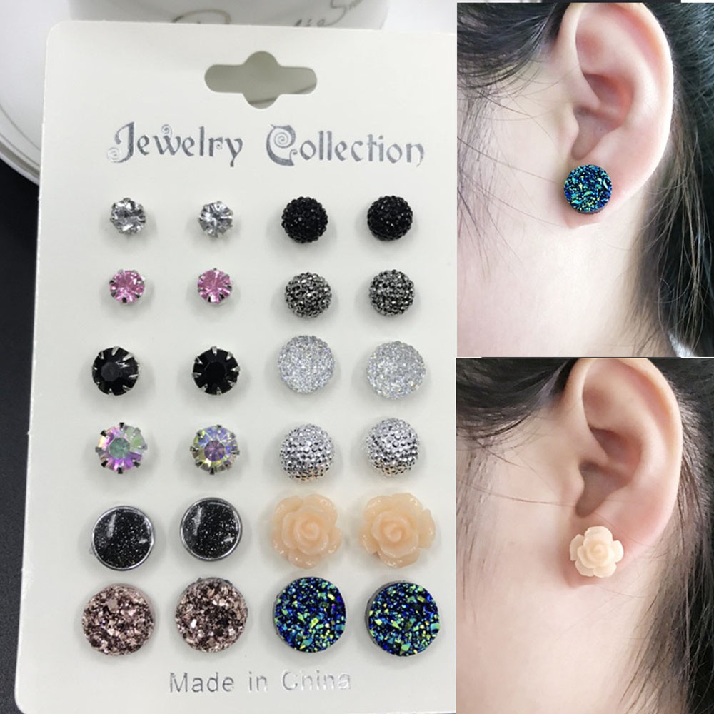 12 Pasang / Set Anting Bulat Motif Bunga Manis