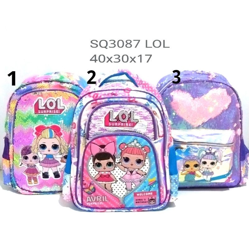 ransel usap sequin jumbo motif lol/unicorn/frozen size 42 cm