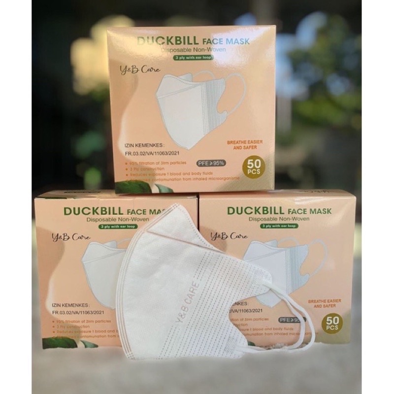 Masker Duckbill Y&amp;B Care 3Ply Premium Mask Putih Garis seperti Sensi/Masker Duckbill Y&amp;B Care Earloop (50pcs)