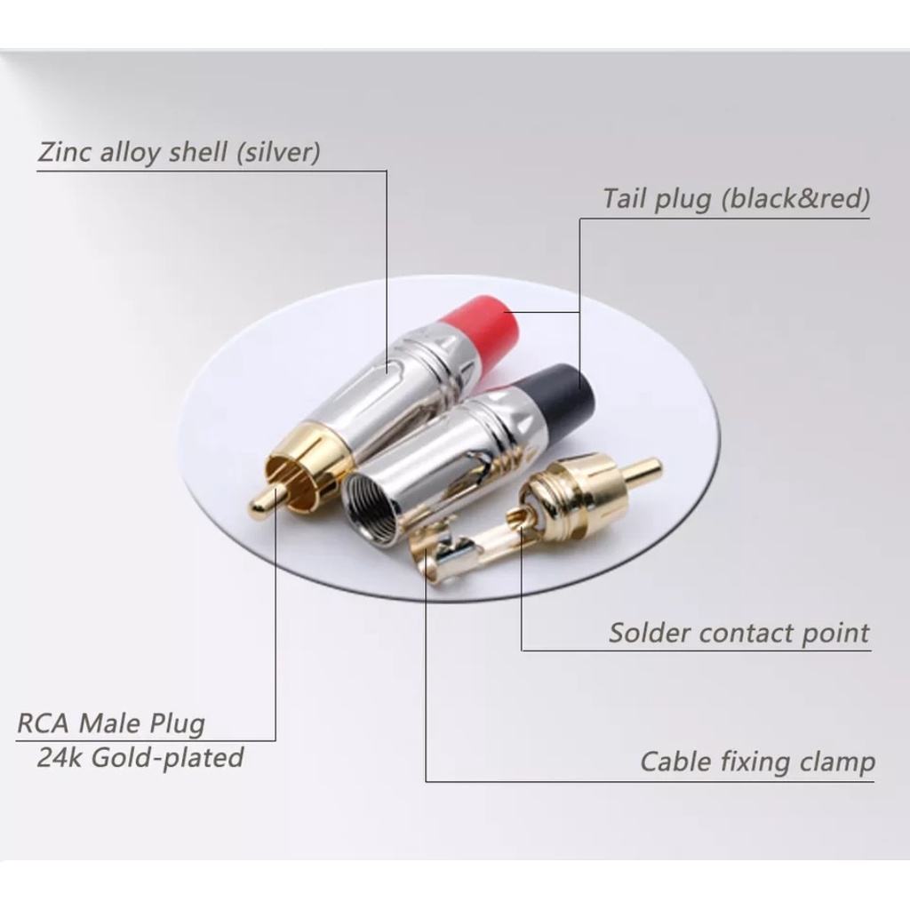 RCA Plug Connector Gold Plated Kabel Audio 2 Pasang Merah + Hitam